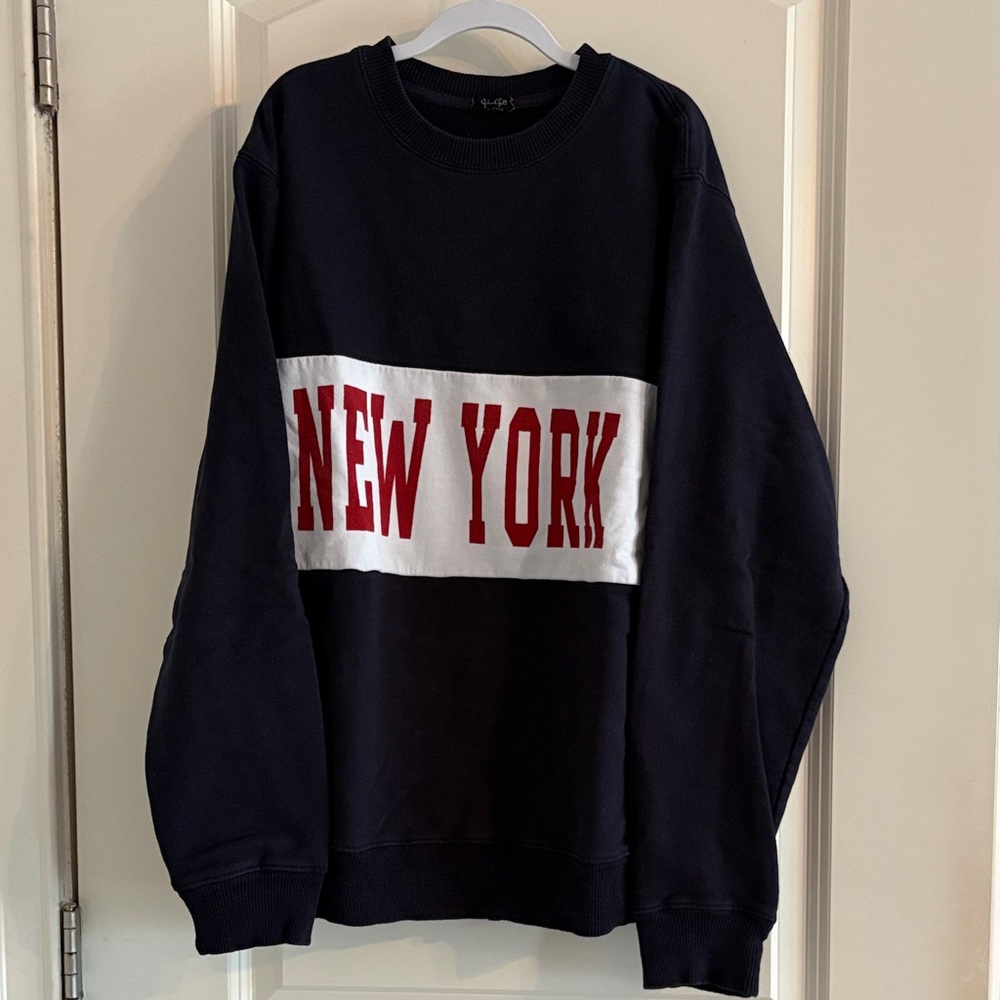 Brandy Melville Navy Crewneck with White Panel & Red 'NEW YORK'